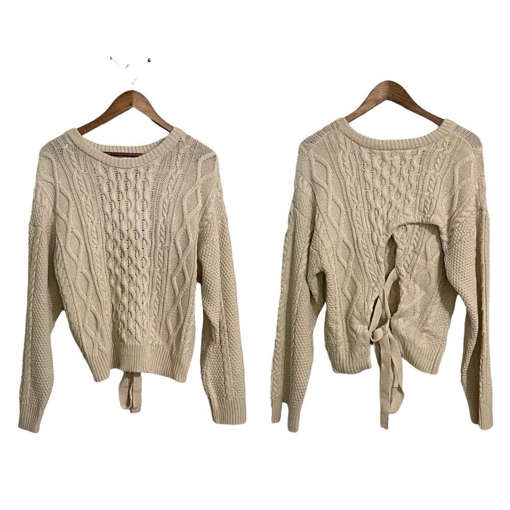 Francesca's Jun & Ivy Womens NWT Cream Cable Knit Lace Up Back Sweater Large